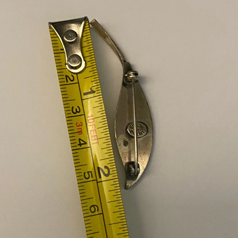 Vintage 925 Sterling Silver and Black Feather Leaf Brooch Pin Pendant - Picture 8 of 8